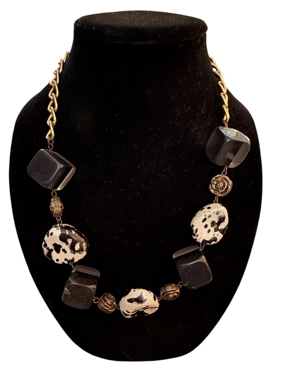 Black Cream Gold 12” Chunky Beaded Necklace Artsy European Maximalist